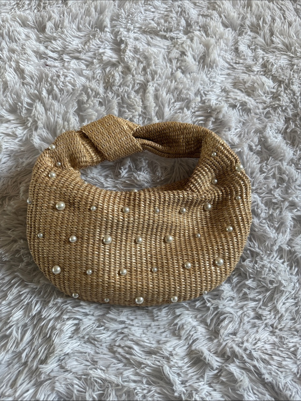 Pearl-Embellished Straw Hand Bag in Natural Tan